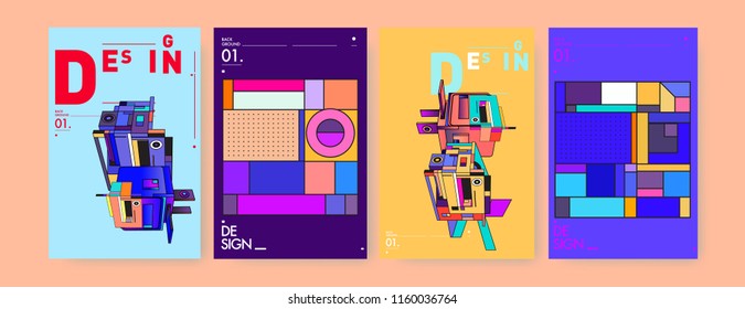 Abstract 3d colorful collage poster and cover design template. Cool geometric and retro background cover design.