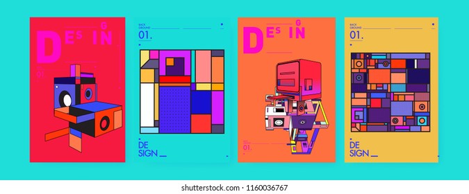 Abstract 3d colorful collage poster and cover design template. Cool geometric and retro background cover design.