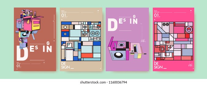 Abstract 3d colorful collage poster and cover design template. Cool geometric and retro background cover design.