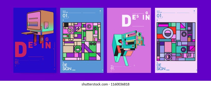 Abstract 3d colorful collage poster and cover design template. Cool geometric and retro background cover design.