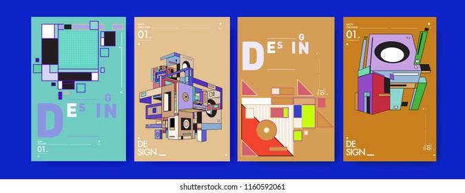 Abstract 3d colorful collage poster and cover design template. Cool geometric and retro background cover design.