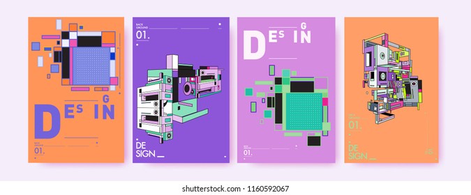 Abstract 3d colorful collage poster and cover design template. Cool geometric and retro background cover design.