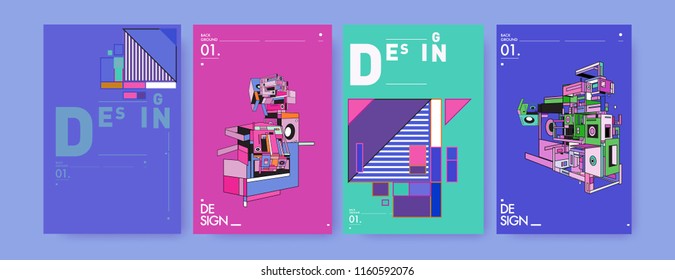 Abstract 3d colorful collage poster and cover design template. Cool geometric and retro background cover design.