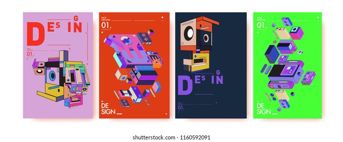 Abstract 3d colorful collage poster and cover design template. Cool geometric and retro background cover design.