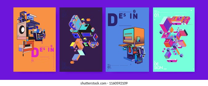 Abstract 3d colorful collage poster and cover design template. Cool geometric and retro background cover design.