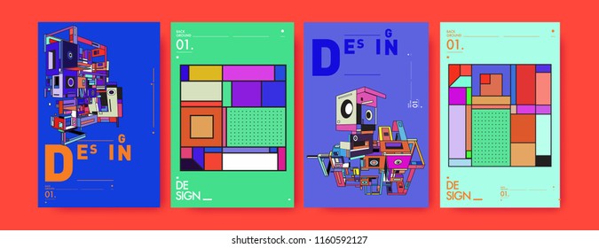 Abstract 3d colorful collage poster and cover design template. Cool geometric and retro background cover design.