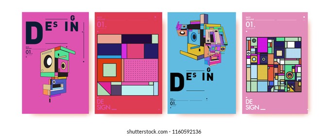 Abstract 3d colorful collage poster and cover design template. Cool geometric and retro background cover design.