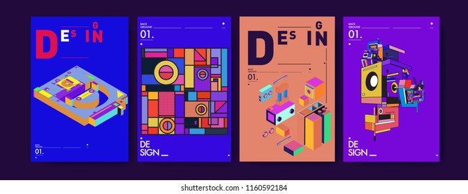 Abstract 3d colorful collage poster and cover design template. Cool geometric and retro background cover design.