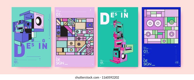 Abstract 3d colorful collage poster and cover design template. Cool geometric and retro background cover design.