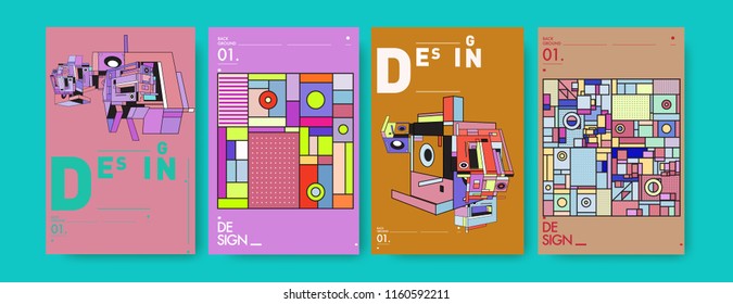Abstract 3d colorful collage poster and cover design template. Cool geometric and retro background cover design.