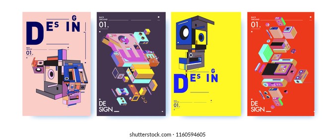 Abstract 3d colorful collage poster and cover design template. Cool geometric and retro background cover design.

