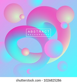 Abstract 3d colorful curved line with volumetric balls. Vector artistic illustration. Abstract futuristic poster. Liquid background. Fluid shapes.