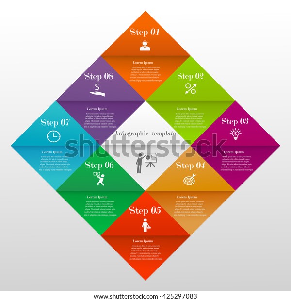 Abstract 3D colorful divided diamond digital\
infographic template. Vector illustration can be used for workflow\
layout, diagram, number options, web design. Business concept with\
8 options or steps