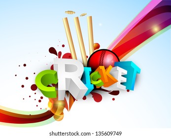 Abstract 3D colorful text Cricket with ball and stumps on wave background.