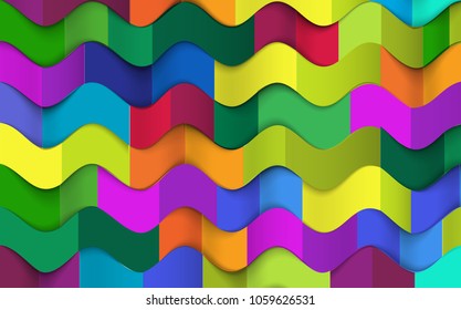 Abstract 3d colorful wave background. Multicolored seamless texture with shadow. Origami paper style. Simple clean realistic background texture. 3D Vector interior wall panel pattern. EPS10