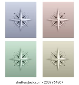 Abstract 3d compass logos set isolated on colorful backgrounds. Windrose symbol for transportation and logistic company