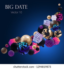 abstract 3D composition of decorative balls and cubes on a dark background