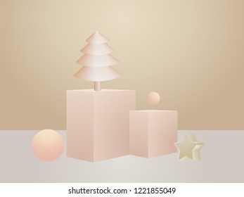 Abstract 3d composition. Product display with Christmas tree and geometric shapes background. Christmas Vector design.