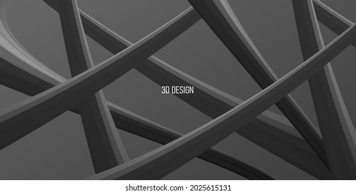 Abstract 3d composition of volume black cabels creating web, abstract shapes of alien nature, wallpaper science fiction design