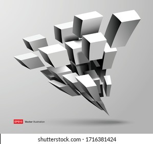 Abstract 3d composition of white cube shapes in perspective. Building geometric box objects. Vector construction illustration.