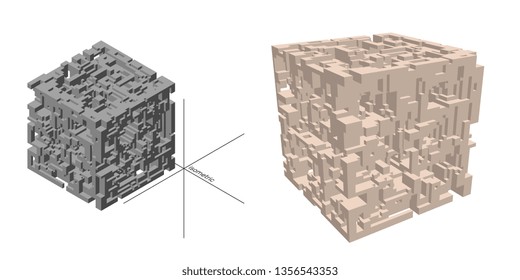 Abstract 3d construction in form of cube. Isolated on white background. Vector illustration. Different viewes.