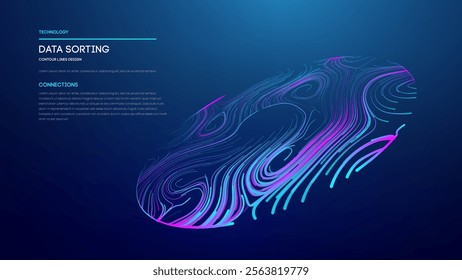 Abstract 3D contour lines with pink and blue gradient representing data connections and flow