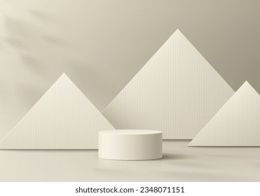 Abstract 3D cream beige cylinder pedestal podium background with triangles backdrop wall scene. Minimal mockup or product display presentation, Stage showcase. Platforms vector geometric design.