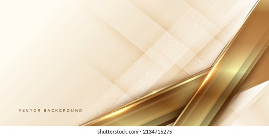 Resumen de color crema 3D y oro de lujo en diagonal geométrica solapado de fondo brillante con líneas doradas brillando con espacio de copia para texto. Ilustración del vector