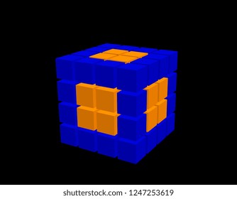 Abstract 3d cube from cubes. Isolated on black background. Vector illustration.