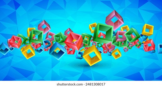 Abstract 3D cube isolated on diamond blue light background.