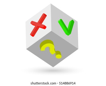 abstract 3d cube with markers of true-false, and a question mark