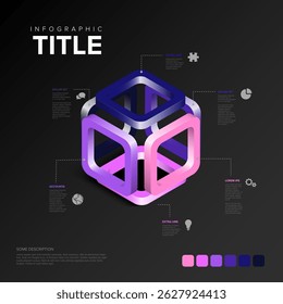 Abstract 3D cube structure for infographic data presentation on a dark background. Use this modern 3D cube design for your next infographic or presentation flow element concept.