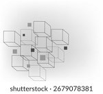 Abstract 3D cube structure with transparent geometric shapes on a light gradient background, modern digital design representing technology, data, and innovation.