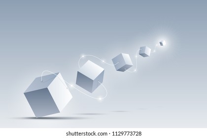 Abstract 3d cubes background. The 3d cubes connect from size big to small by a white line. Science and Business technology. Big data and Internet connection. Vector illustration.