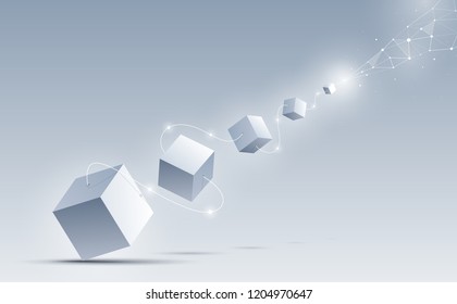 Abstract 3d cubes and background. The 3d cubes connect from size big to small by a white line. Science and technology. Big data and Internet connection. Vector illustration.