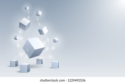 Abstract 3d cubes and background. A connection of geometric big and small cubes. Science and Blockchain technology. Big data and Internet connection. Vector illustration.