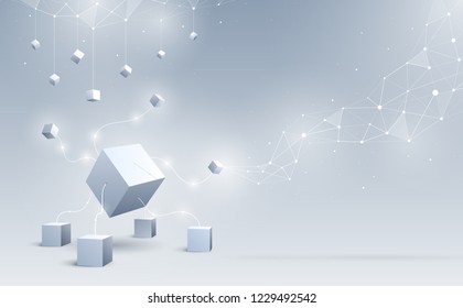 Abstract 3d cubes and background. A connection of geometric big and small cubes. Science and Blockchain technology. Big data and Internet connection. Vector illustration.