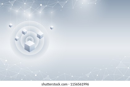 Abstract 3d cubes and background. A group of geometric cubes hangs from the top on abstract background. Science and technology. Big data and Internet connection. Vector illustration.