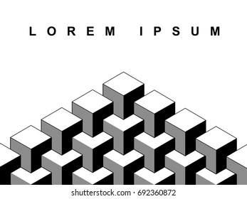 Abstract 3d cubes geometric optical illusion banner template in black and white, vector