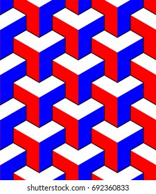 Abstract 3d cubes geometric seamless pattern in red blue and white, vector