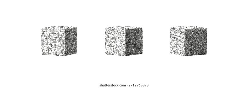 Cubos 3D abstratos com textura de ruído granulado e sombreamento de meio-tom gradiente. Mínimas formas geométricas no fundo branco criam um visual retrô moderno com efeito pontilhado suave e sombra sutil.