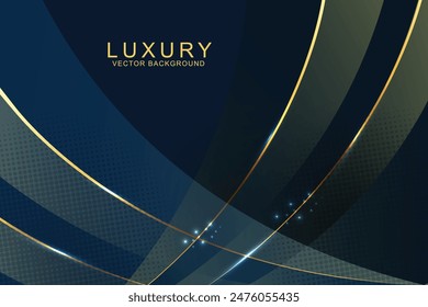 Abstract 3d curved blue shape on blue background with golden lines lighting effect and copy space for text. Luxury design styl