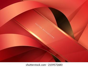 Abstract 3d curved red and gold ribbon on red background with lighting effect copy space for text. Luxury design style. Vector illustration