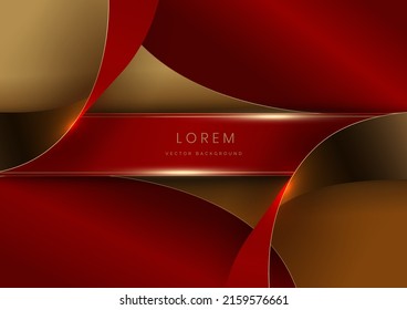 Abstract 3d curved red and gold ribbon on red background with lighting effect copy space for text. Luxury design style. Vector illustration