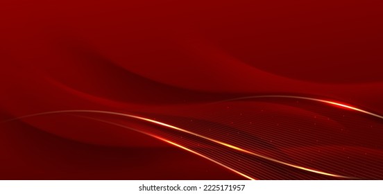 Abstract 3d curved red shape on red background with golden lines lighting effect and sparkle with copy space for text. Luxury design style. Vector illustration