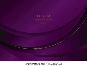 Abstract 3d curved violet background with gold lines curved wavy sparkle with copy space for text. Luxury style template design. Vector illustration