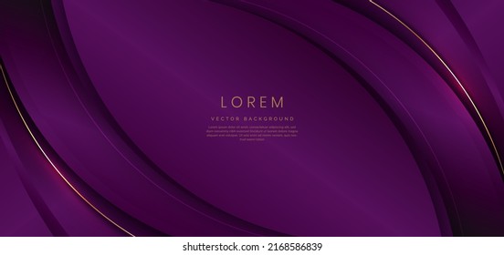 Abstract 3d curved violet background with gold lines curved wavy sparkle with copy space for text. Luxury style template design. Vector illustration