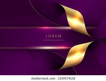 Abstract 3d curved violet and gold ribbon on violet background with lighting effect copy space for text. Luxury design style. Vector illustration