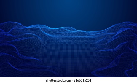 Abstract 3D cyber technology futuristic wireframe terrain grid landscape blue background. Vector illustration