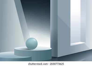 Abstract 3D cylinder pedestal podium with beige geometric platform. Light green minimal wall scene with window lighting. Modern vector rendering for cosmetic product presentation. 